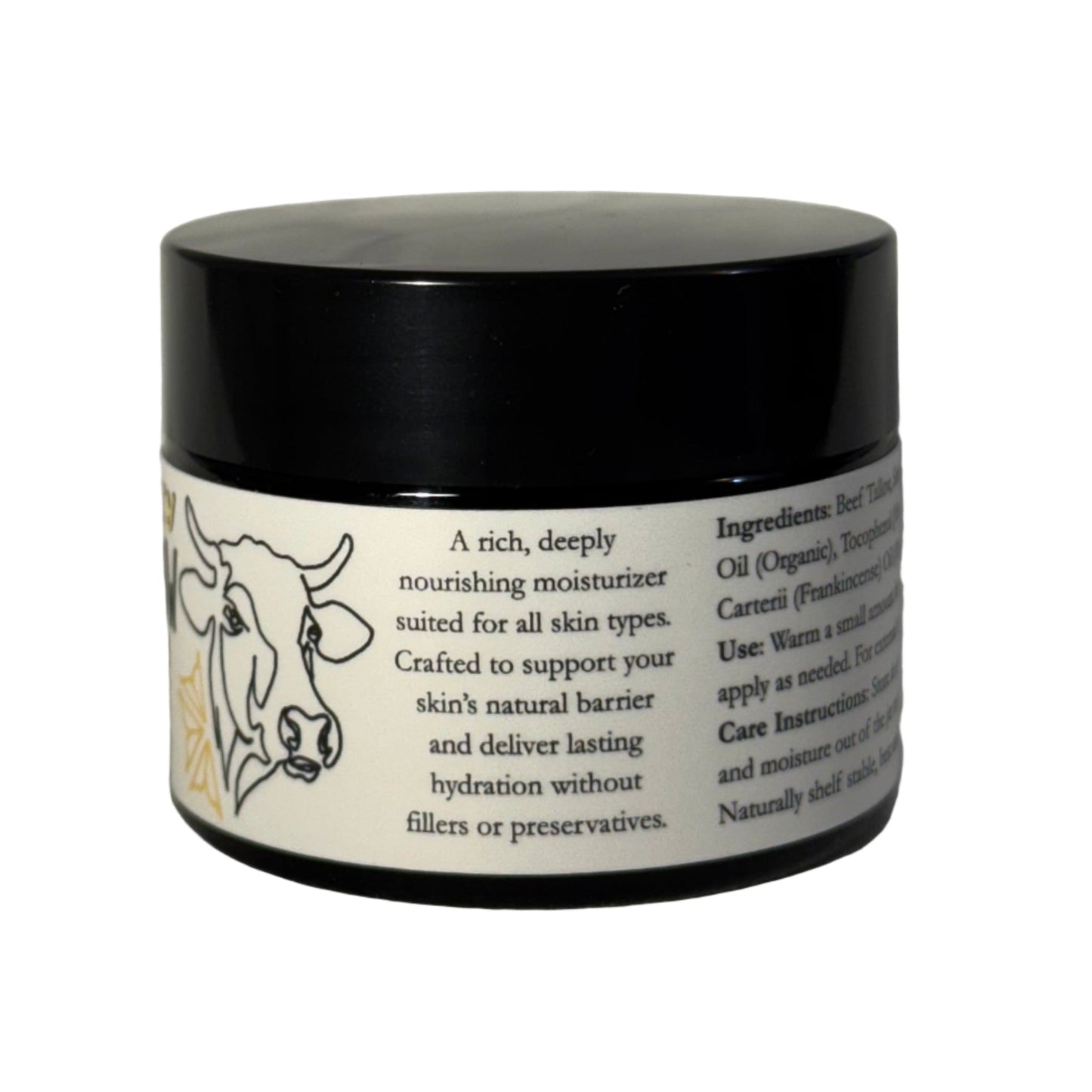 Beef Tallow Cosmetic jar with label on a textured white surface